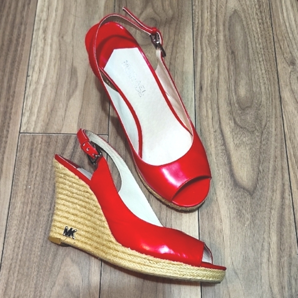Michael Kors Red Leather Espadrille Wedge Sandals